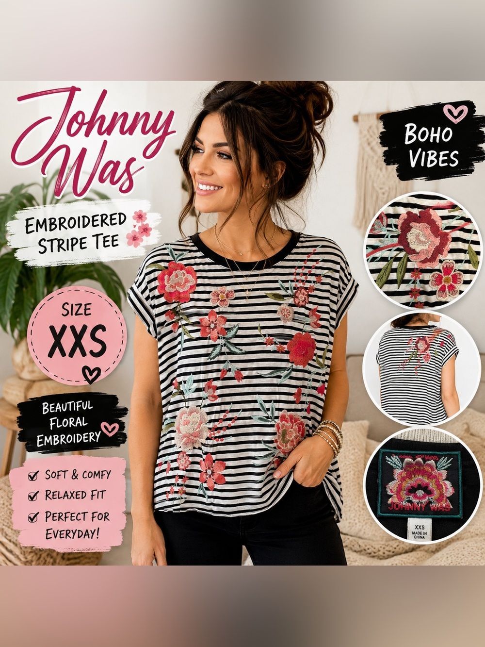 Johnny Was Black & White Striped Tee with Pink Floral Embroidery